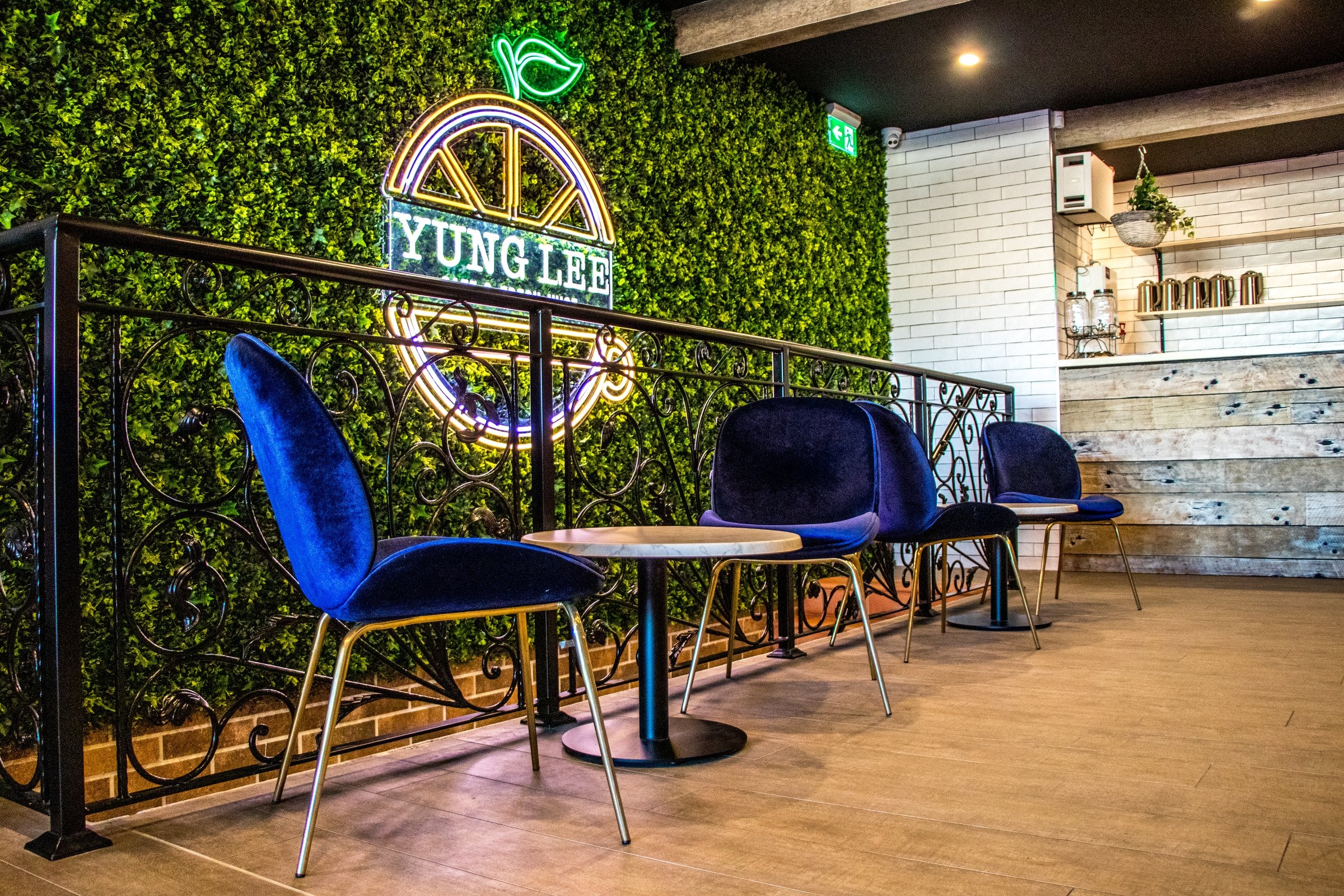 Deep-blue upholstered lounge chairs in a hospitality setting